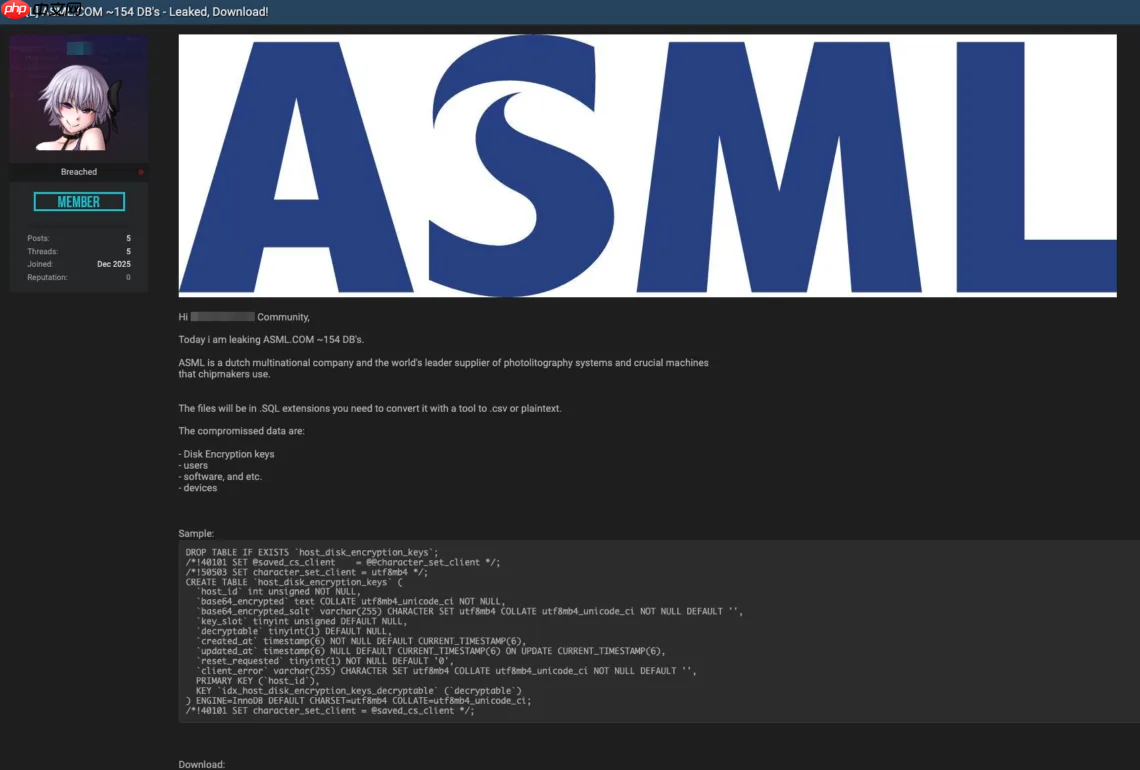 阿斯麦 ASML 公司疑似遭遇重大数据泄露,154 个数据库被公开