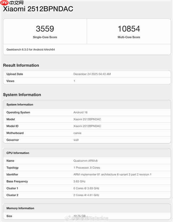 小米17 Ultra跑分现身：第五代骁龙8至尊版、12GB内存起步