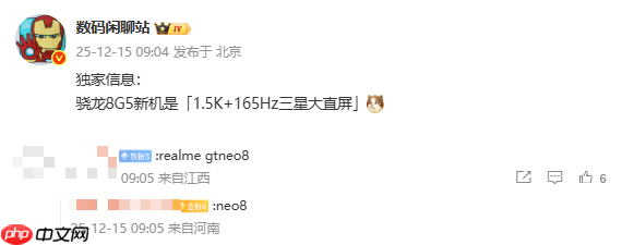 疑似真我新机部分配置曝光 骁龙8 Gen5配165Hz屏