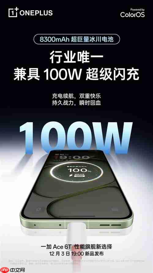 8300mAh+100W闪充 一加Ace 6T性能旗舰也有超大电池