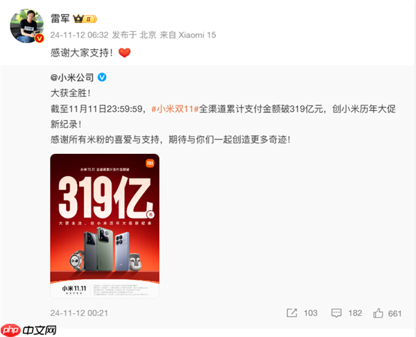 小米双11销售额破290亿!雷军:谢谢大家支持