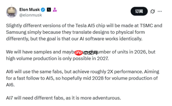 马斯克:特斯拉AI5芯片明年出样品 台积电三星共造