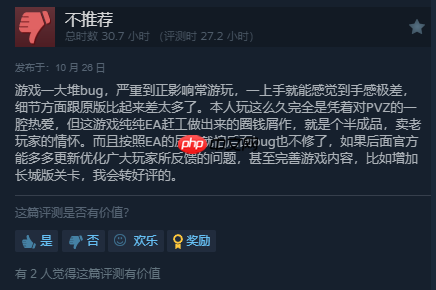《植物大战僵尸:重植版》Steam国区好评率仅为32%:bug太多 不值98!