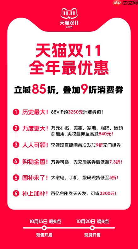 立减85折叠加9折消费券全年最优惠，天猫双11今晚8点开启