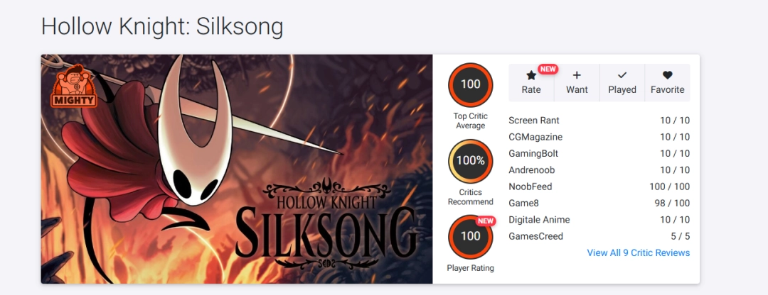 登顶第一！《空洞骑士：丝之歌》当前OC网站媒体均分100分！