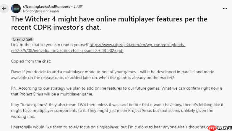 《巫师:天狼星》是多人游戏 《巫师4》或也有多人玩法