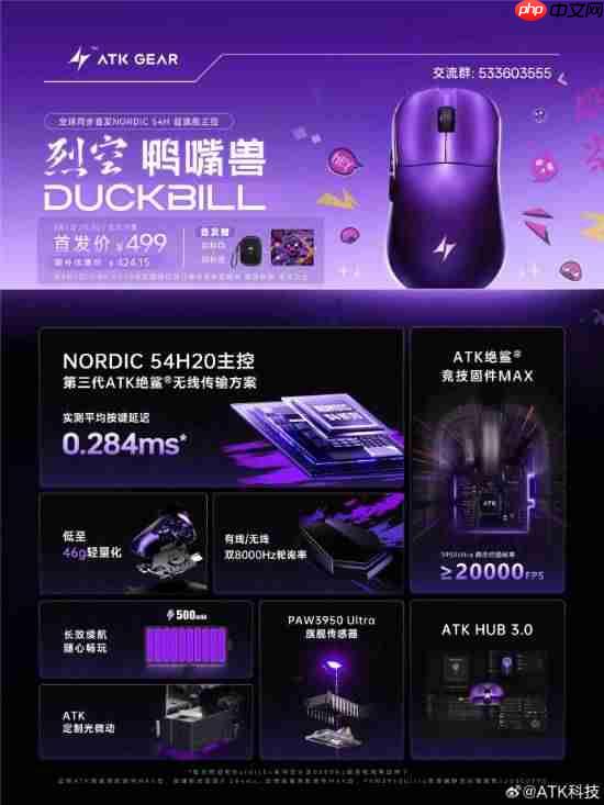 ATK烈空鸭嘴兽系列鼠标发布：Nordic 54H20新旗舰主控 首发499元
