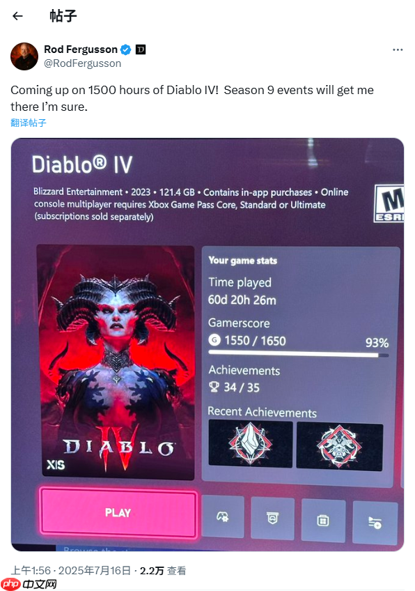 《暗黑破坏神4》总监游玩时长近1500小时 仍未解锁全成就!