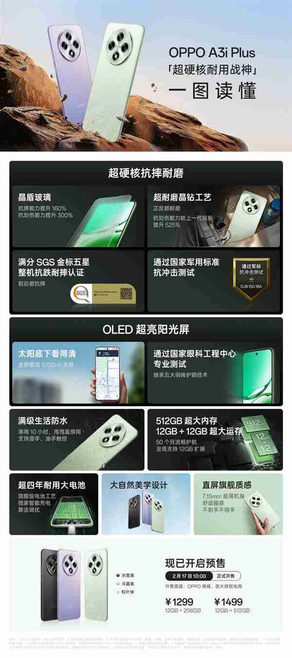 OPPO A3i Plus正式发布:同档最耐摔的直屏手机 1299元起