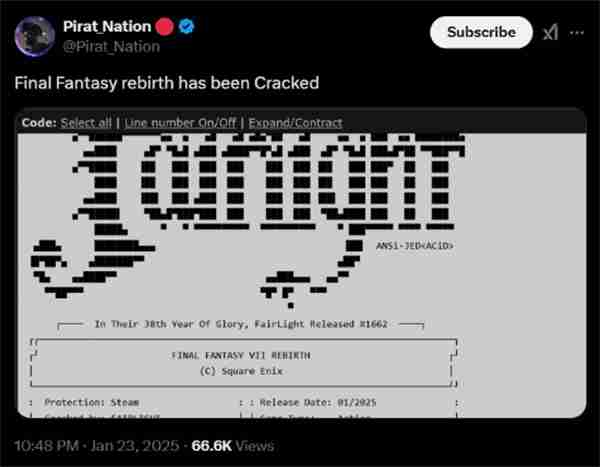 《FF7:重生》上线PC不到1小时就遭破解 不含D加密