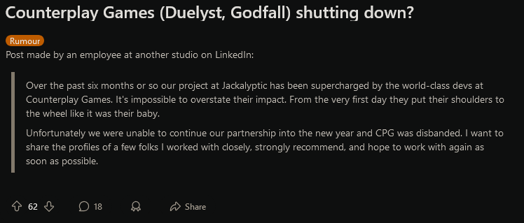 众神陨落开发商 Counterplay Games 或已关闭:游戏行业的波折与变革