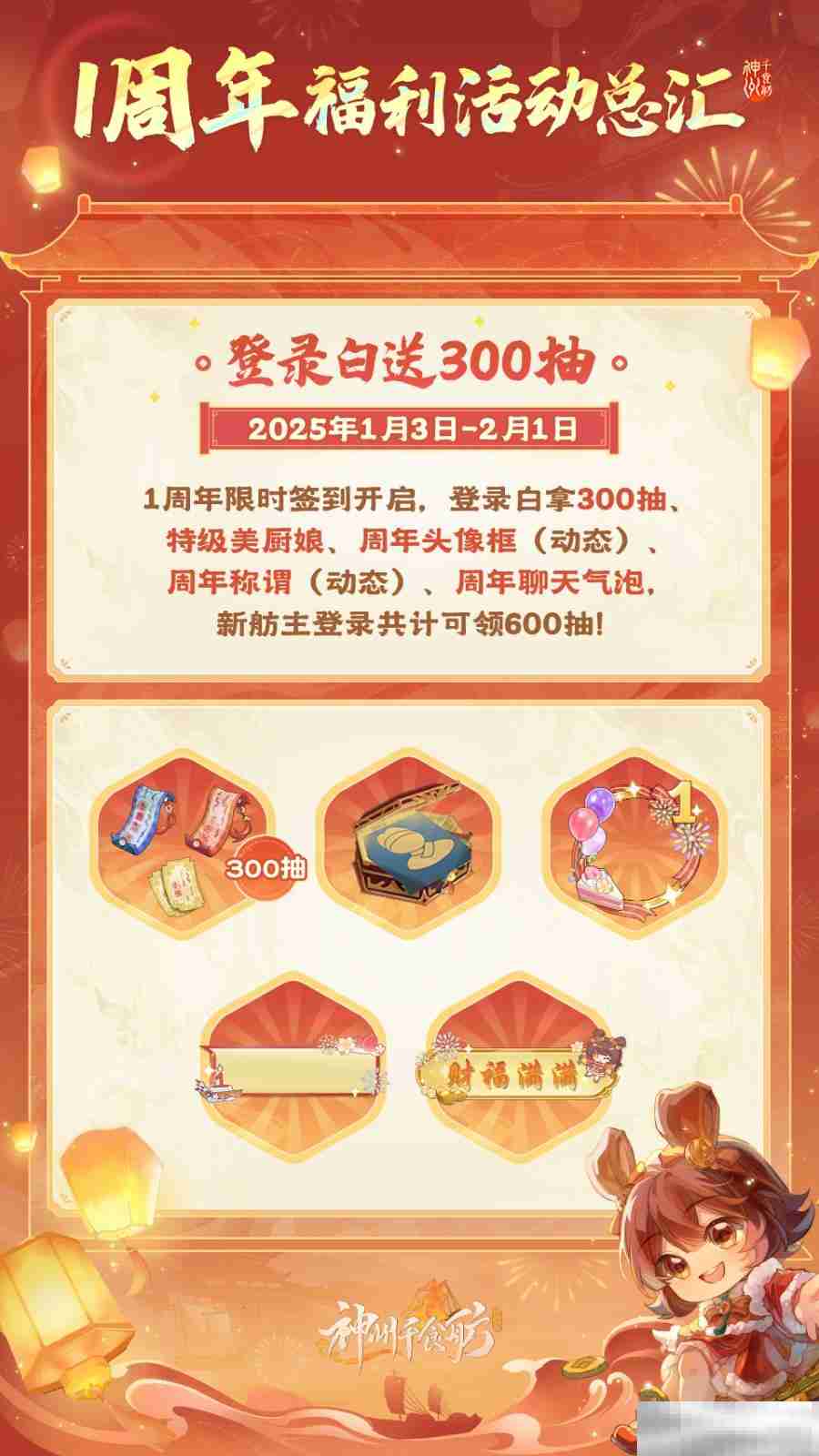 《神州千食舫》1周年福利活动来袭，登录领300抽!