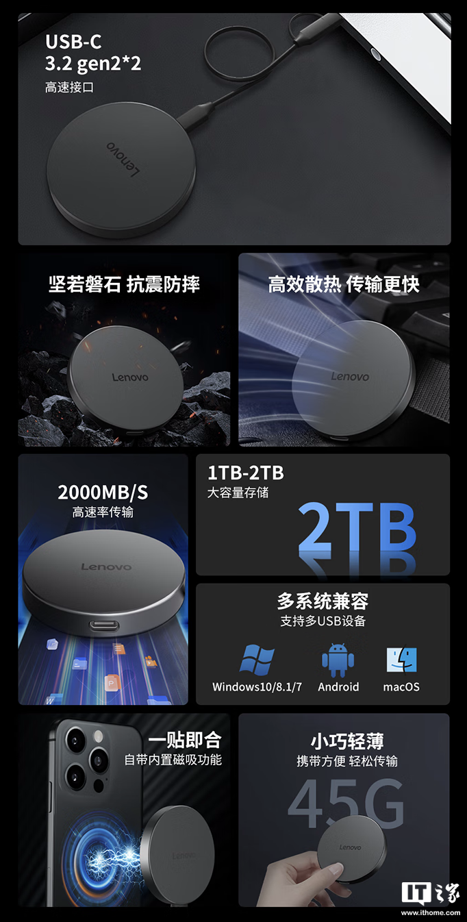 联想推出 Y910 磁吸移动固态硬盘:读速 2000MB/s,1TB 售 559 元