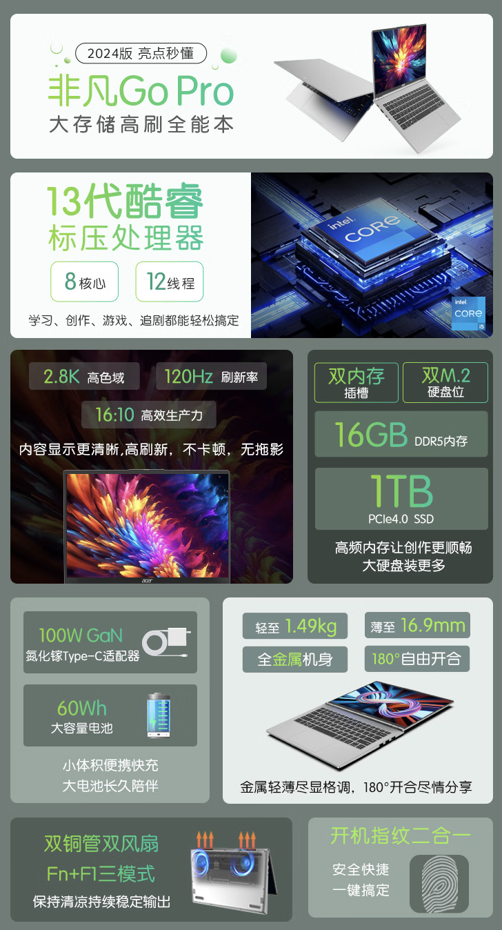 宏碁非凡 Go Pro 14 英寸笔记本新增“i5-13420H + 16G + 1T”版,1 月 6 日 4199 元首销