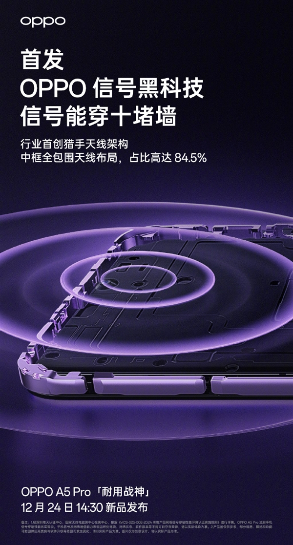 OPPO A5 Pro首创猎手天线架构:信号能穿十堵墙