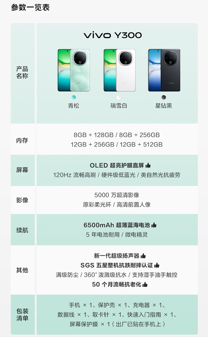 vivo Y300 手机 8+256 版本限量开售：天玑 6300、后置扬声器设计，首发 1499 元