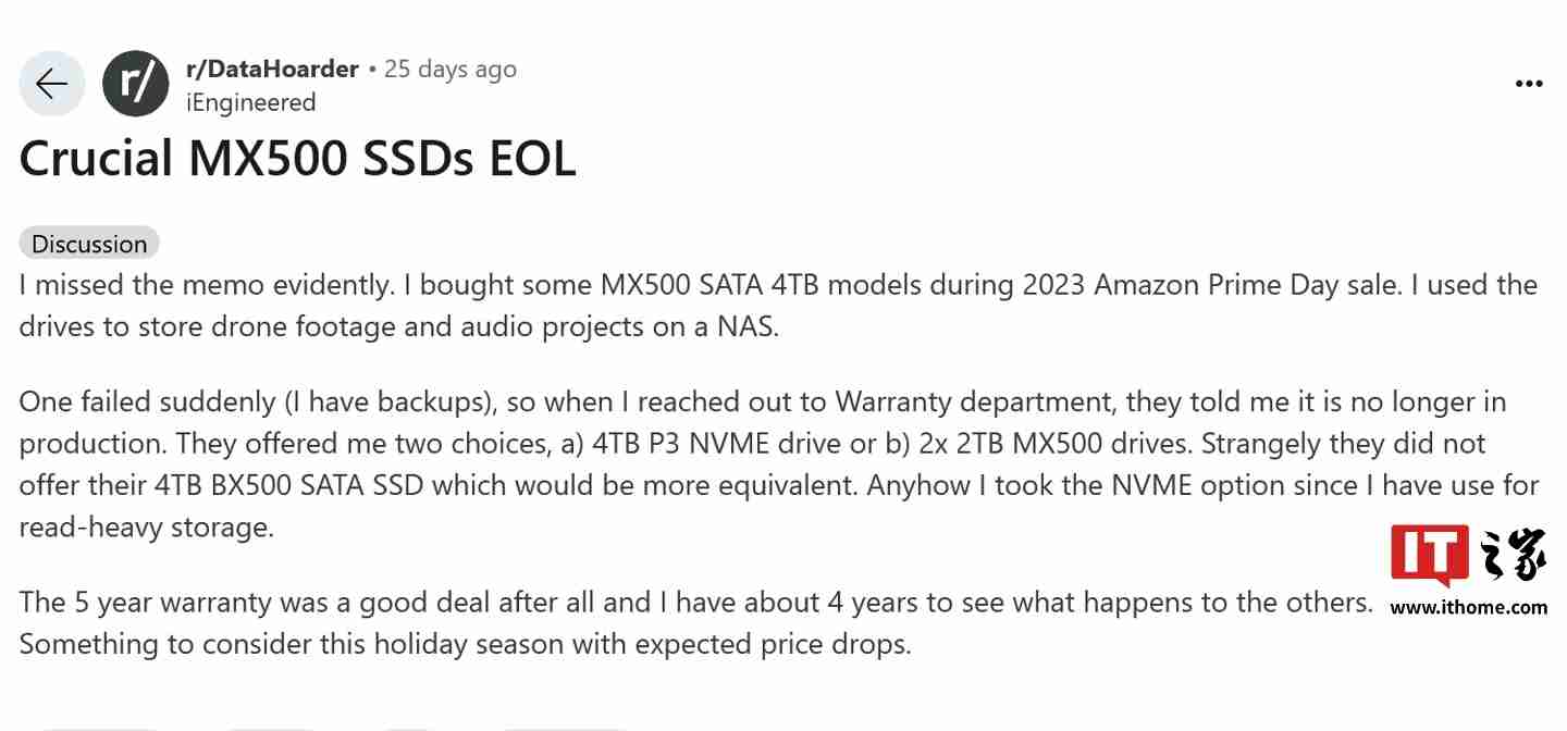 经典 SATA SSD 走向落幕:英睿达 MX500 部分容量已处于 EOL 状态