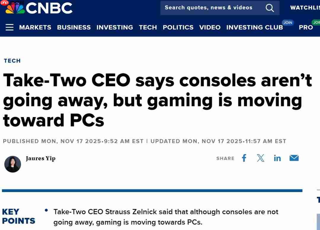 T2 CEO:主机不会消亡 但游戏的未来是PC